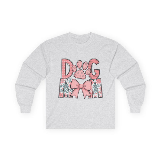 Dog Mom Long Sleeve Tee — Pink Floral Paw Design