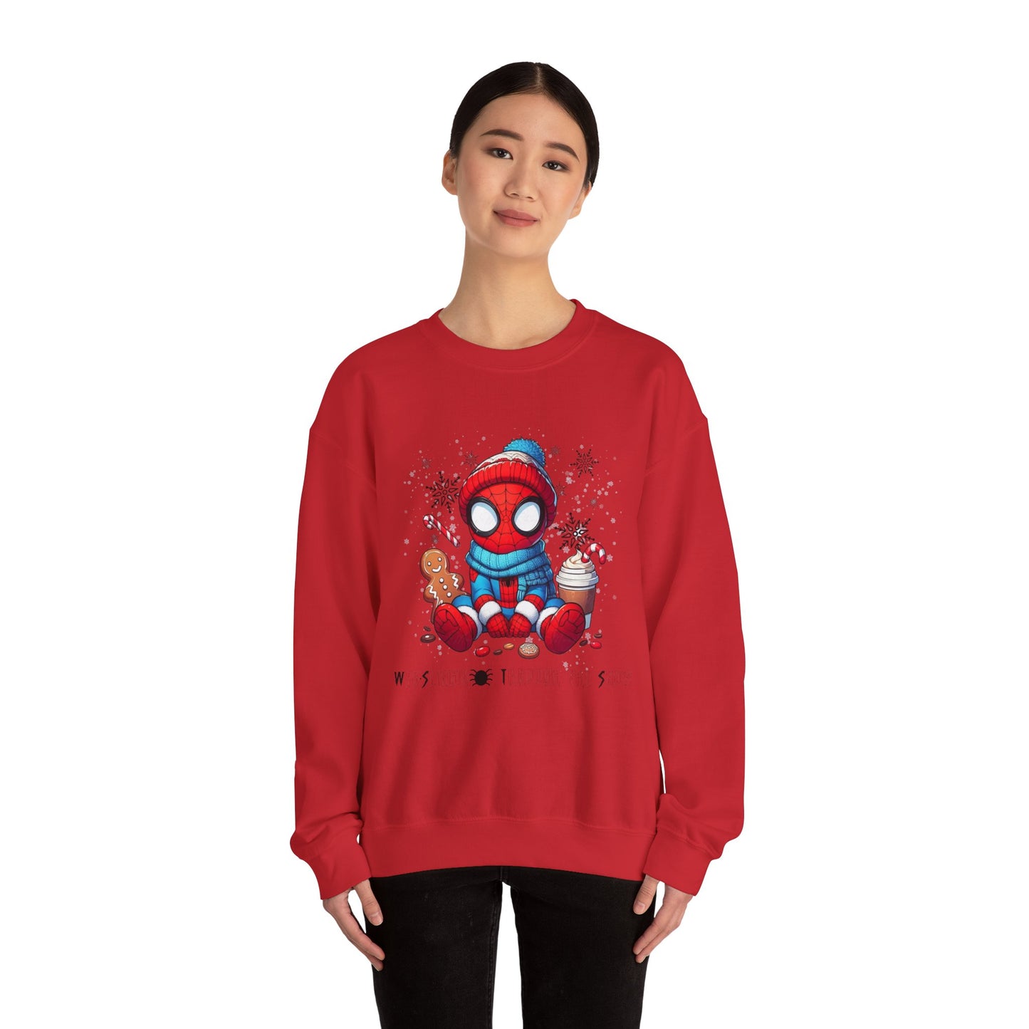 Holiday Spider Crewneck Sweatshirt — Cute Spidey in Winter Hat with Gingerbread & Cocoa