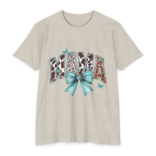 Mama Leopard Print Ribbon T‑Shirt — Teal Bow Mom Shirt