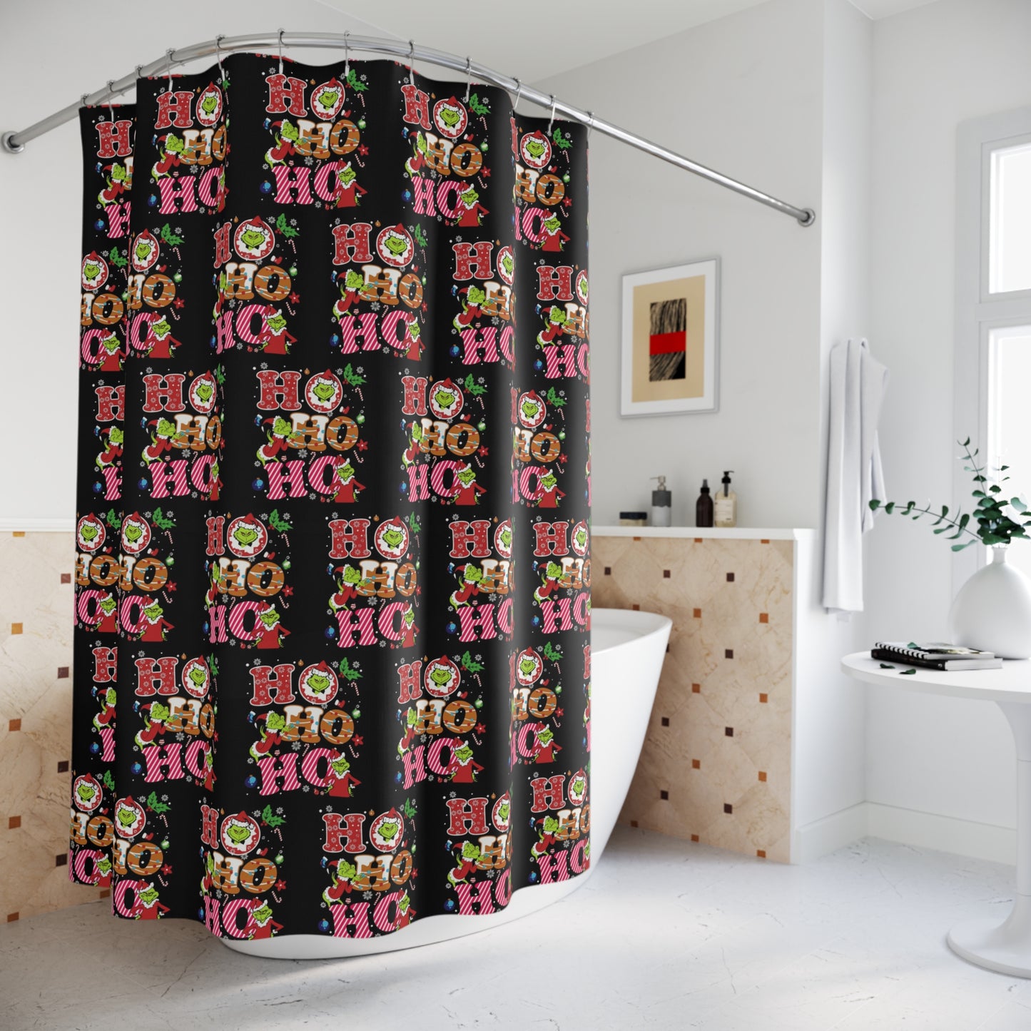 Black- HoHoHo Shower Curtain, Grinch Theme