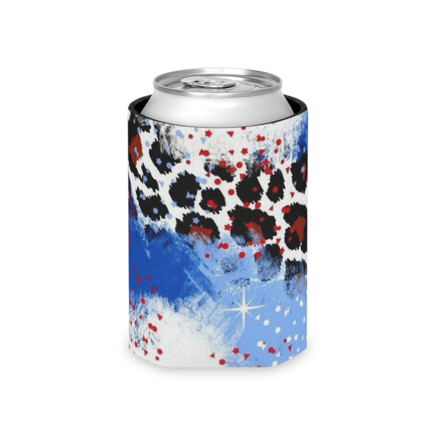 Patriotic Leopard Can Cooler – Red White Blue Abstract Drink Koozie