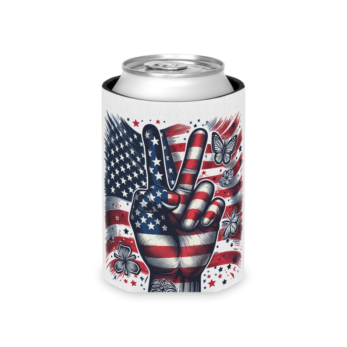 American Flag Peace Sign Can Cooler – 4th of July Patriotic Koozie