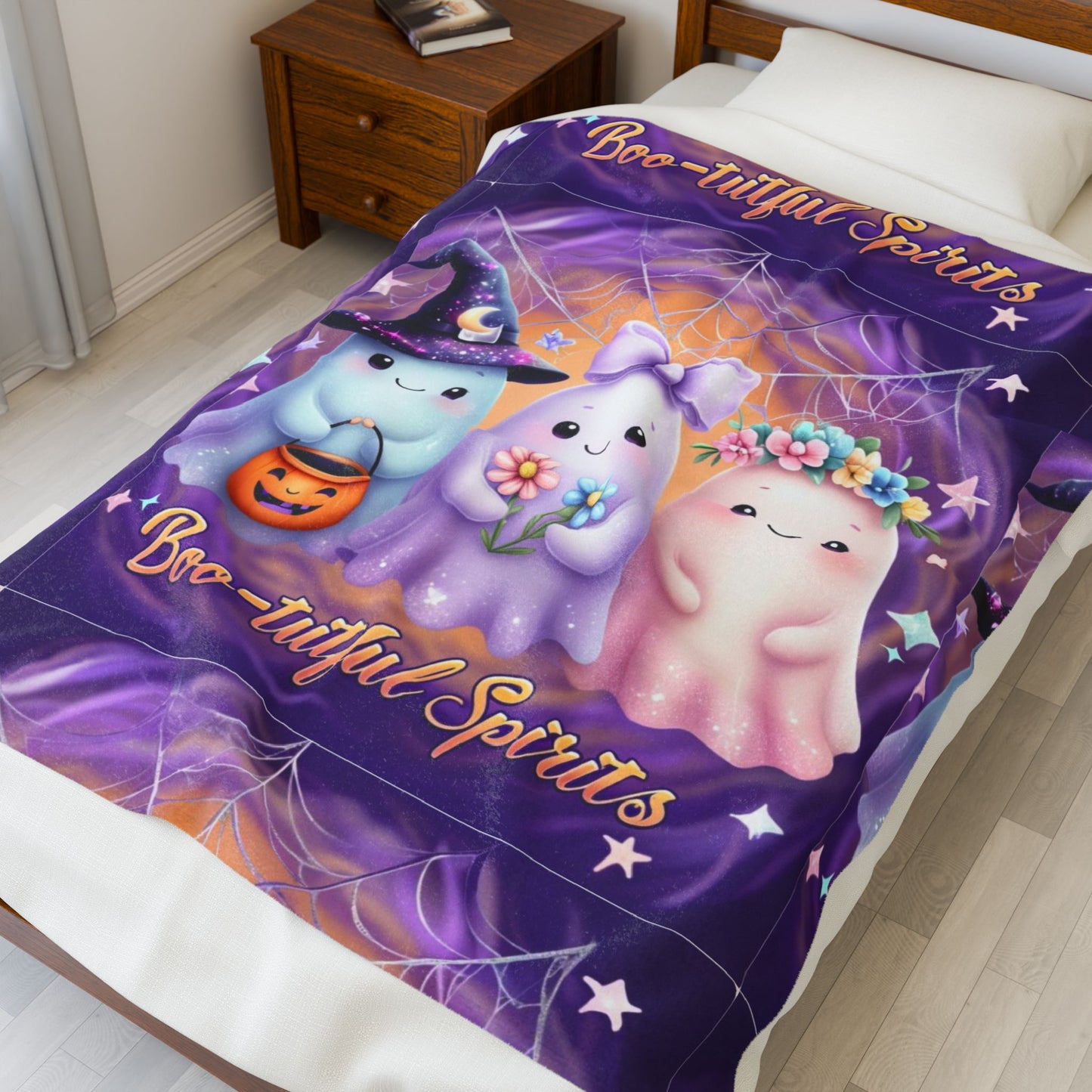 Boo-tiful Spirits Velveteen Plush Blanket | Cozy Halloween Throw, Cute Ghost Decor, Spooky Season Gift, Kids Room Blanket