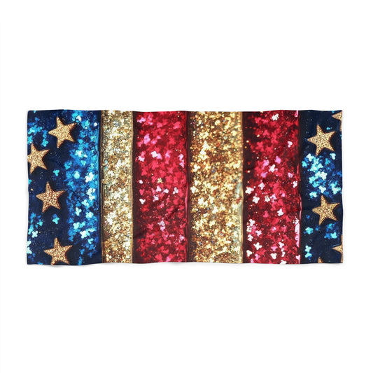 Patriotic Glitter Stars Beach Towel โ Red White Blue Stripes