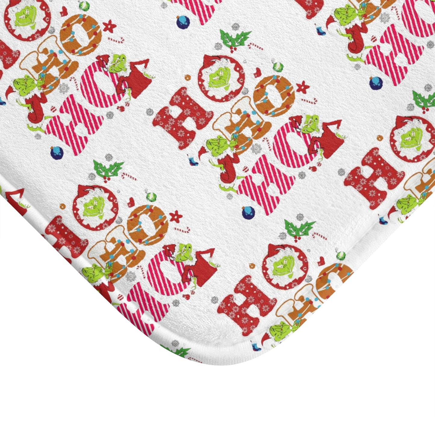White- Grinch Holiday-Themed Bath Mat with Cheerful 'Ho Ho Ho' Design,
