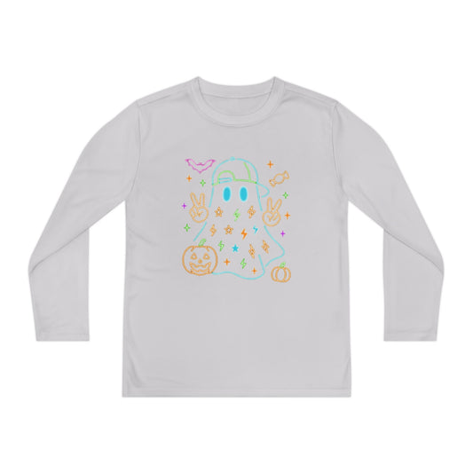 Youth Long Sleeve Ghost Tee, Halloween Shirt, Pumpkin Design, Cute Apparel, Kids' Holiday Wear, Spooky Fun Top
