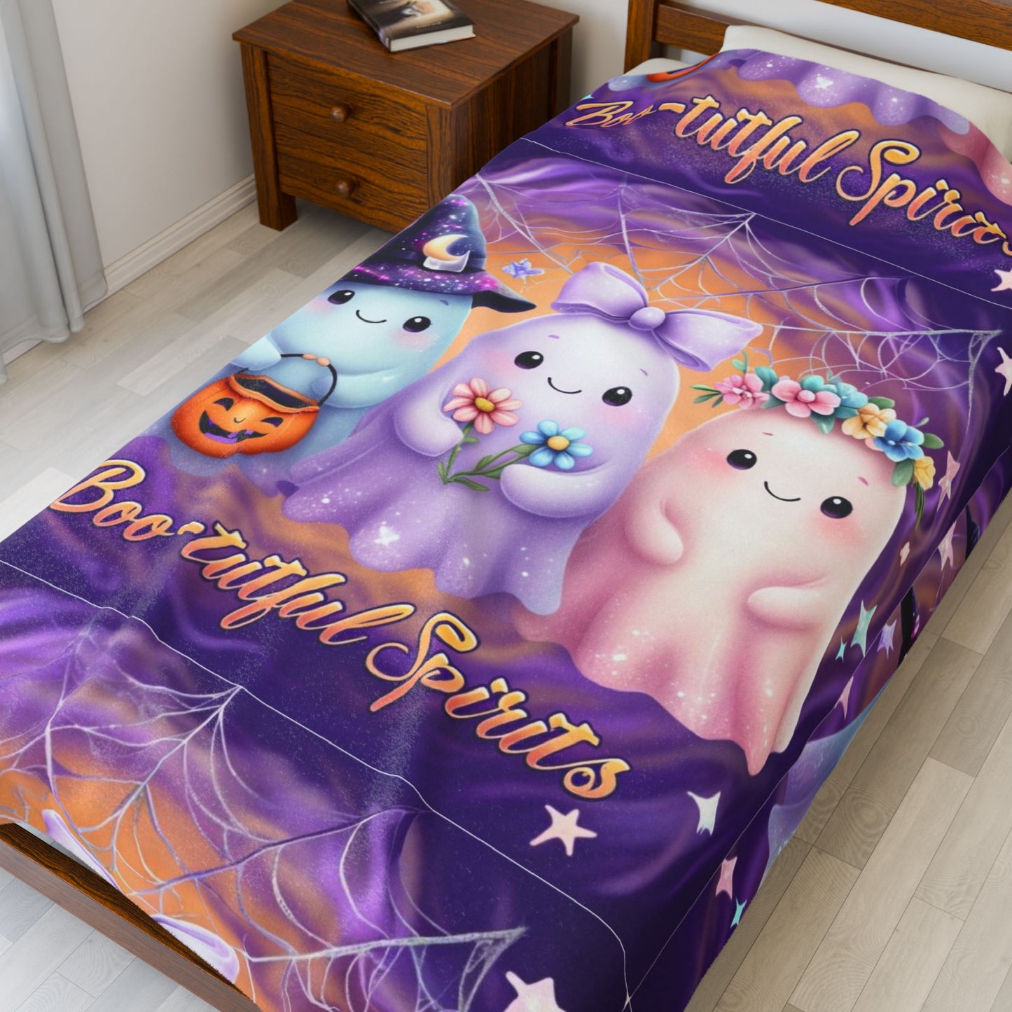 Boo-tiful Spirits Velveteen Plush Blanket | Cozy Halloween Throw, Cute Ghost Decor, Spooky Season Gift, Kids Room Blanket