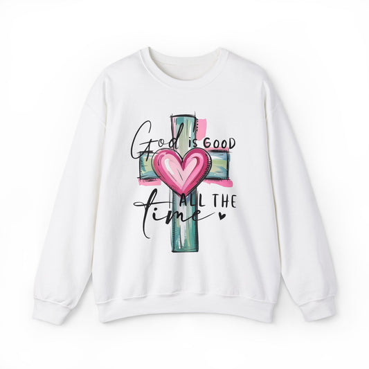 God Is Good Crewneck Sweatshirt — Cross Design with Pink Glow