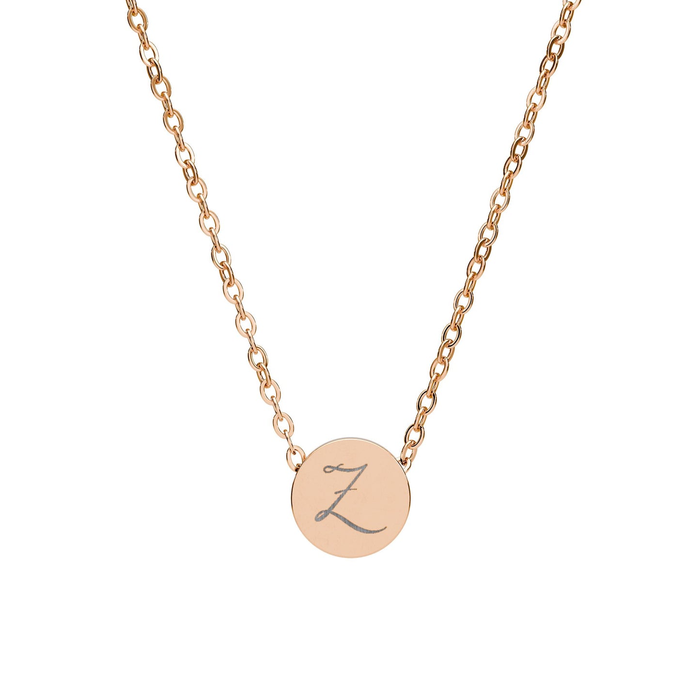 Mini Engraved Initial Circle Necklace — Personalized Z Pendant (Sterling Silver or Rose Gold)