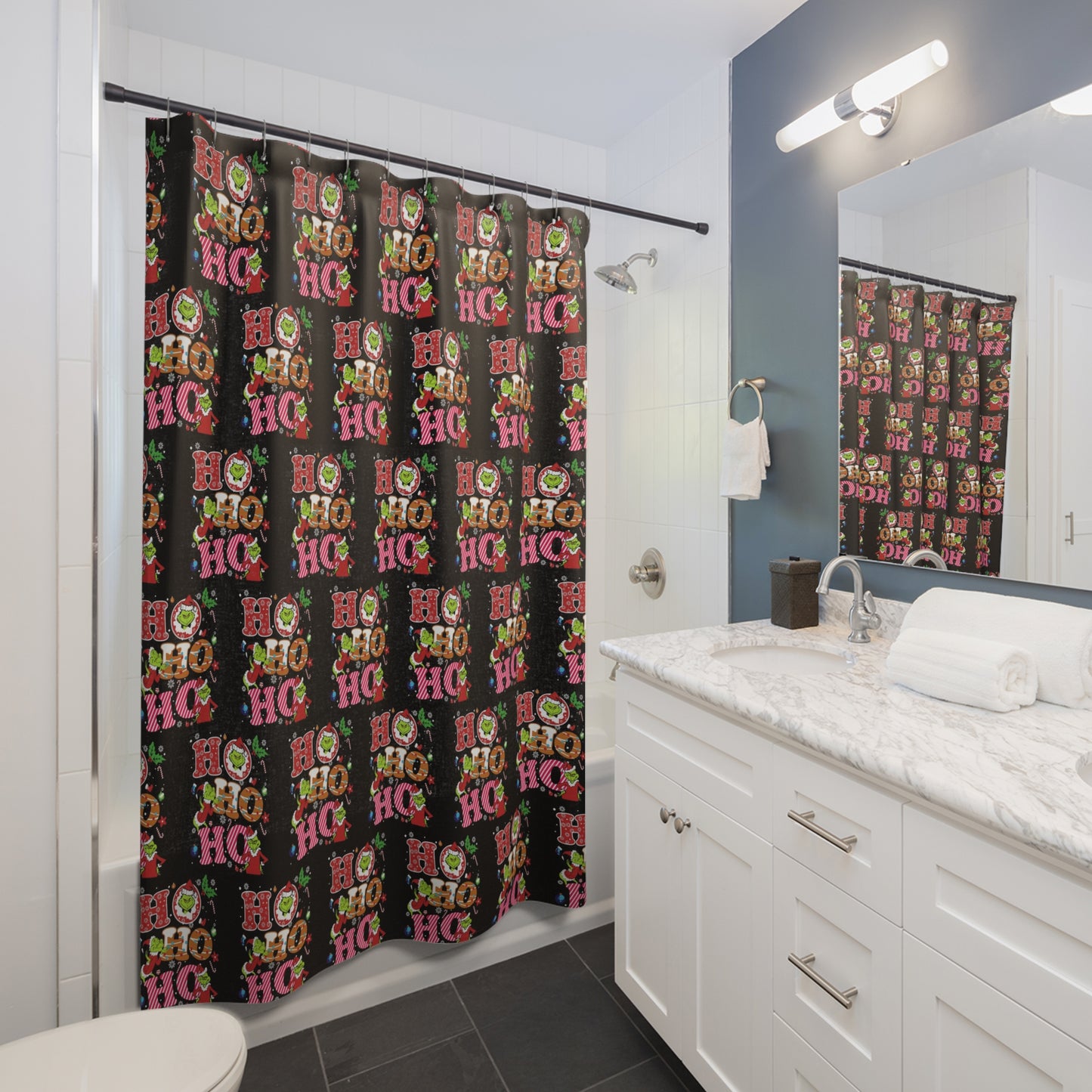 Black- HoHoHo Shower Curtain, Grinch Theme