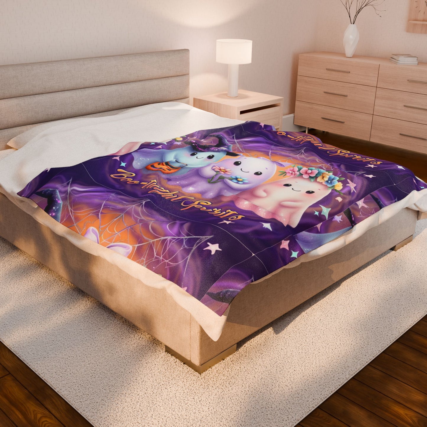 Boo-tiful Spirits Velveteen Plush Blanket | Cozy Halloween Throw, Cute Ghost Decor, Spooky Season Gift, Kids Room Blanket