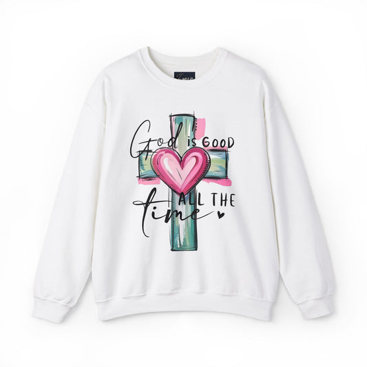 God Is Good Crewneck Sweatshirt — Cross Design with Pink Glow