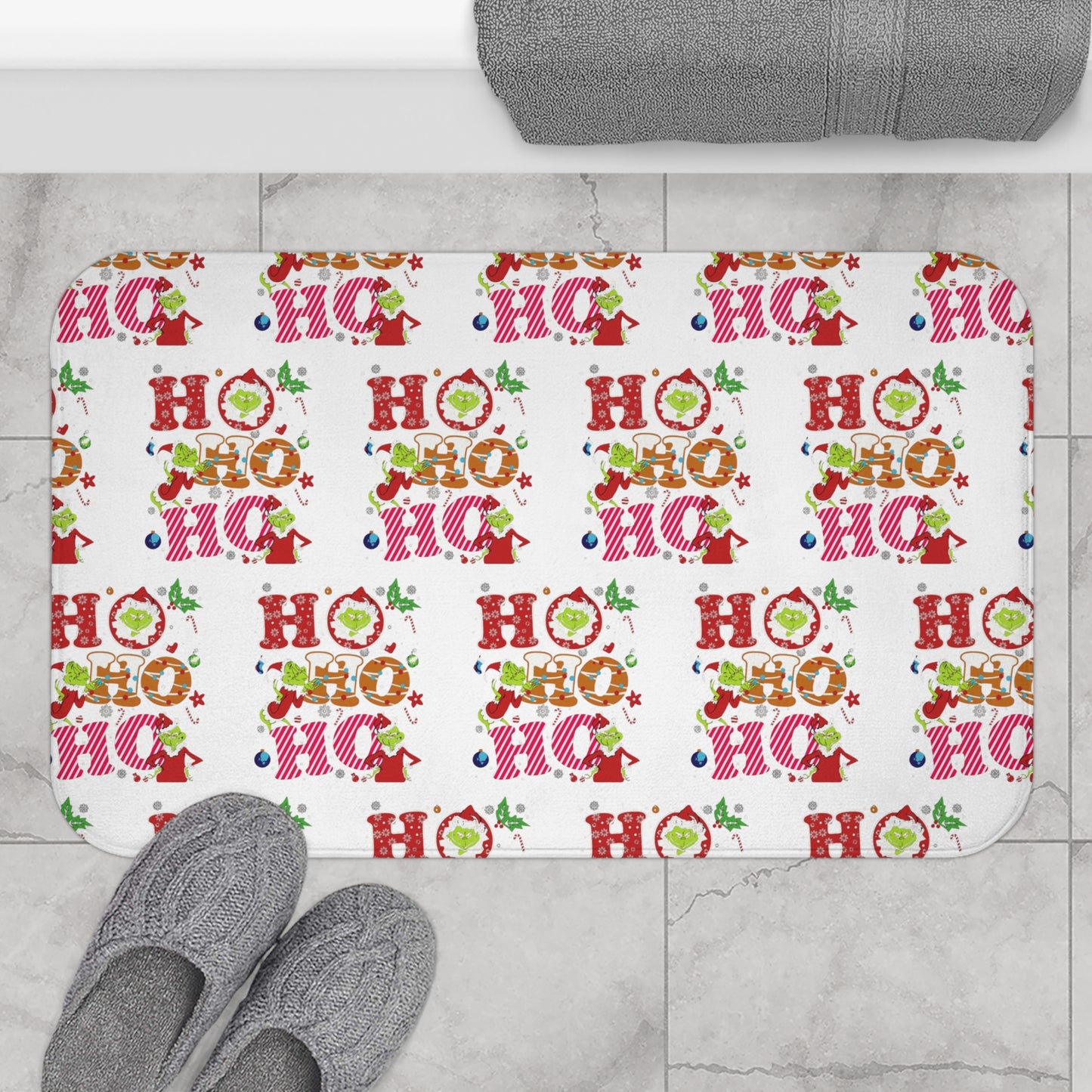 White- Grinch Holiday-Themed Bath Mat with Cheerful 'Ho Ho Ho' Design,