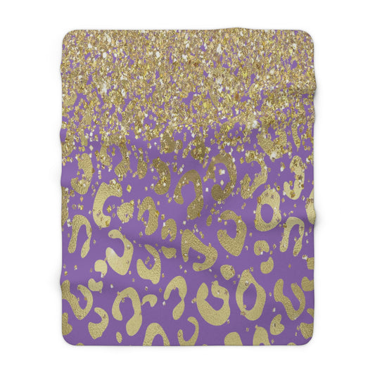 Gold Glitter Leopard Sherpa Blanket — Purple Animal Print Cozy Throw
