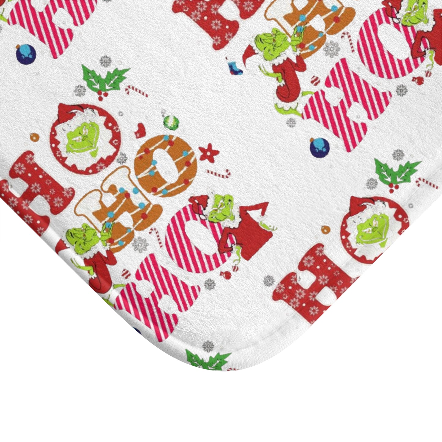 White- Grinch Holiday-Themed Bath Mat with Cheerful 'Ho Ho Ho' Design,