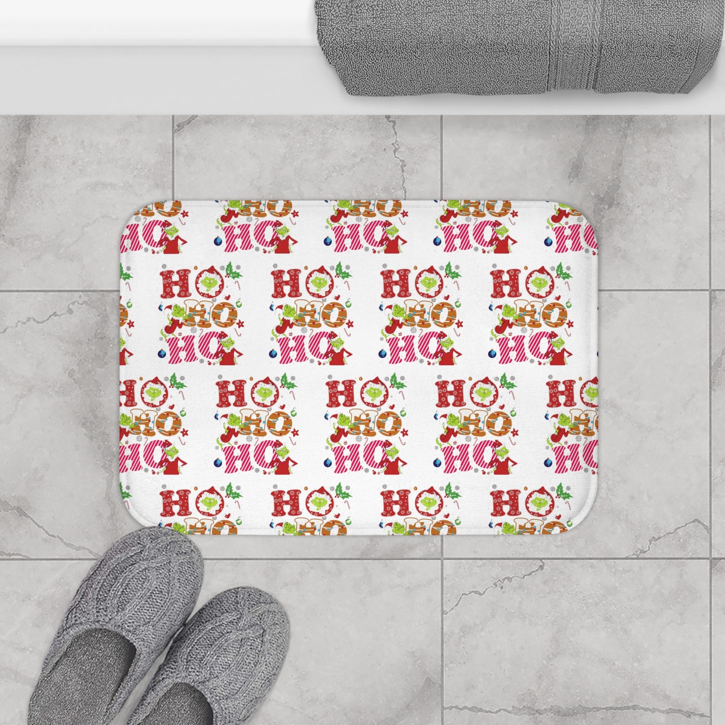 White- Grinch Holiday-Themed Bath Mat with Cheerful 'Ho Ho Ho' Design,