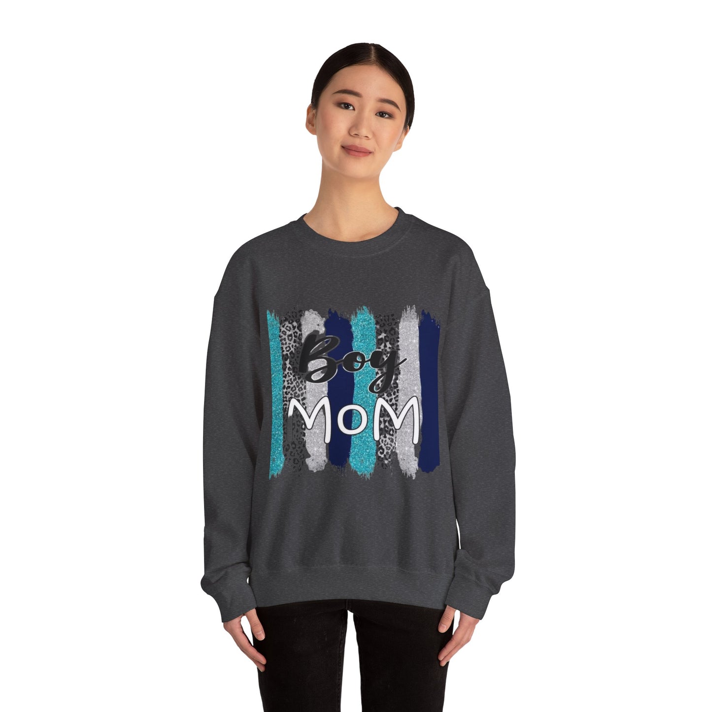 Boy Mom Sweatshirt — Cute Teal & Navy Brushstroke Crewneck for Moms