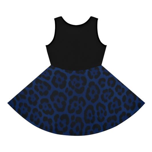 Blue Leopard Print Girls' Sundress, Fashionable Spring Dress, Perfect for Summer Parties, Daily Wear, Special Occasions
