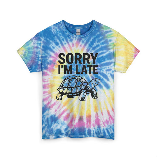 Playful Tie Dye Tee for Relaxed Vibes, Perfect Gift for Friends & Family, Casual Wear, Birthday Gift, Sorry I'm Late Design