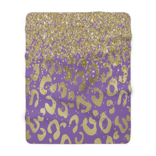 Gold Glitter Leopard Sherpa Blanket — Purple Animal Print Cozy Throw