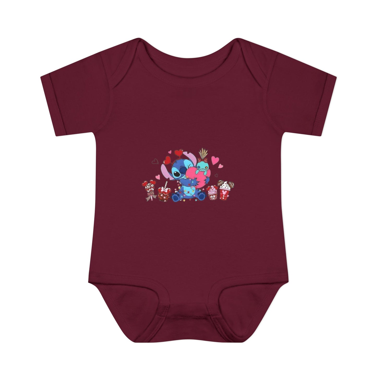 Stitch Valentine Baby Bodysuit — Cute Disney-Inspired Infant Onesie with Hearts & Treats