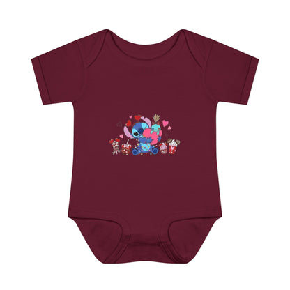 Stitch Valentine Baby Bodysuit — Cute Disney-Inspired Infant Onesie with Hearts & Treats