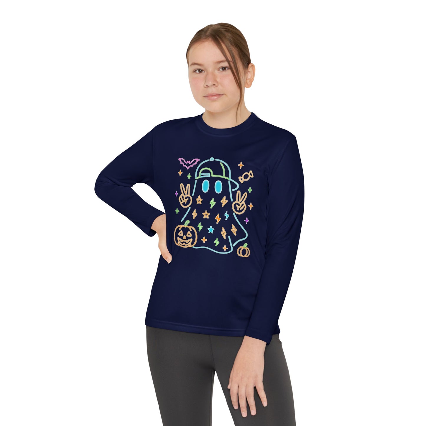 Youth Long Sleeve Ghost Tee, Halloween Shirt, Pumpkin Design, Cute Apparel, Kids' Holiday Wear, Spooky Fun Top