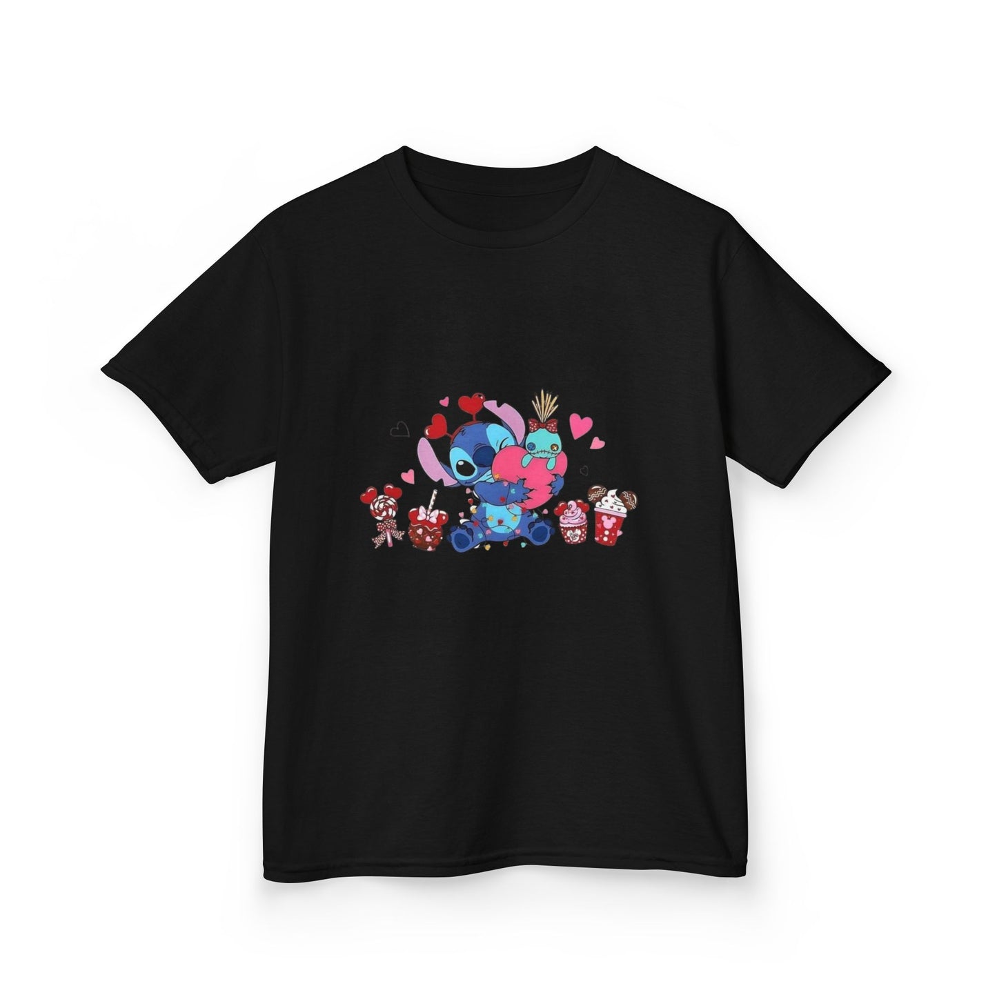 Stitch- Kids Valentine Alien Tee — Cute Blue Alien Hugging Pink Heart Plushie