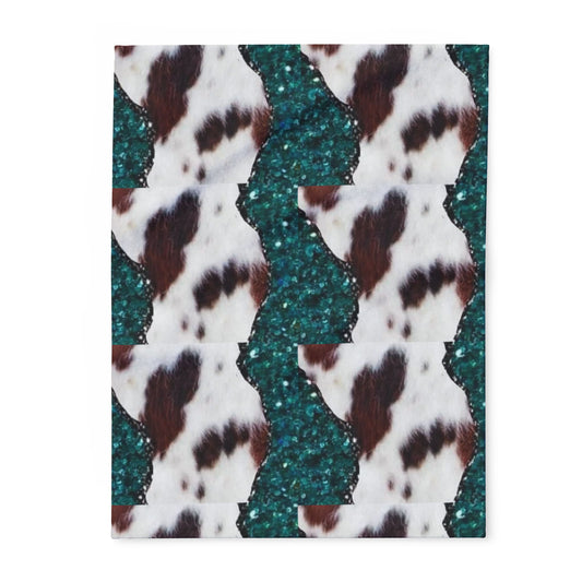 Fleece Blanket — Teal Glitter & Cowhide Pattern Cozy Throw