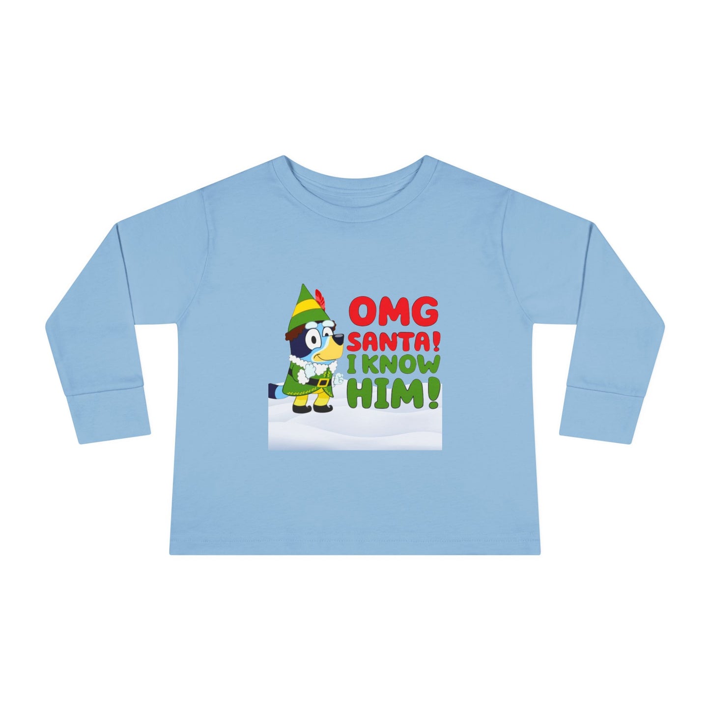 BLUE-Y Toddler Long Sleeve Tee — "OMG Santa! I Know Him!" DOG Christmas Shirt