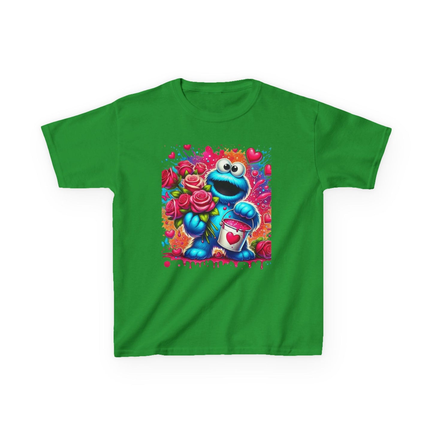 Valentine Blue Monster Kids Tee — Cute Fluffy Monster with Roses & Heart Paint