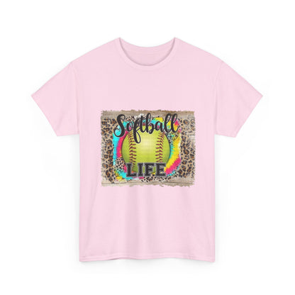 Softball Life Tee — Neon Softball Graphic with Leopard Accent