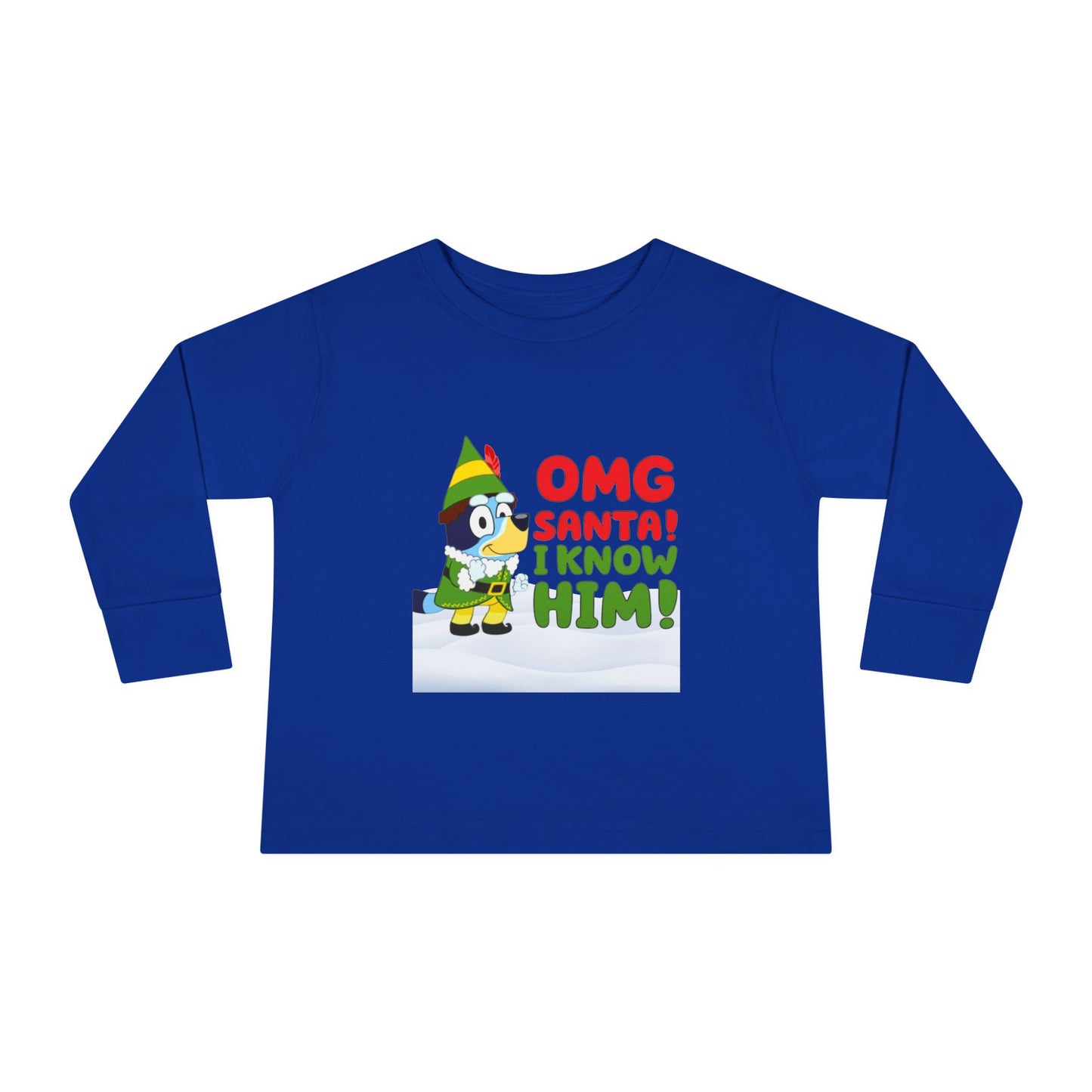 BLUE-Y Toddler Long Sleeve Tee — "OMG Santa! I Know Him!" DOG Christmas Shirt