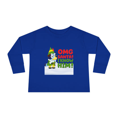 BLUE-Y Toddler Long Sleeve Tee — "OMG Santa! I Know Him!" DOG Christmas Shirt