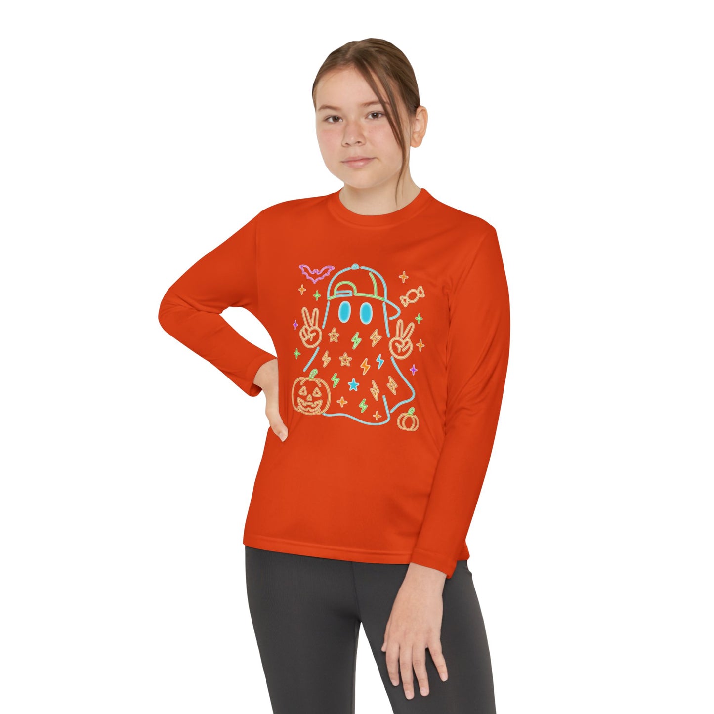 Youth Long Sleeve Ghost Tee, Halloween Shirt, Pumpkin Design, Cute Apparel, Kids' Holiday Wear, Spooky Fun Top