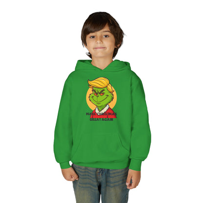 Youth Hoodie — Grinch Face Holiday Sweatshirt with 'Make Christmas Great Again' Text