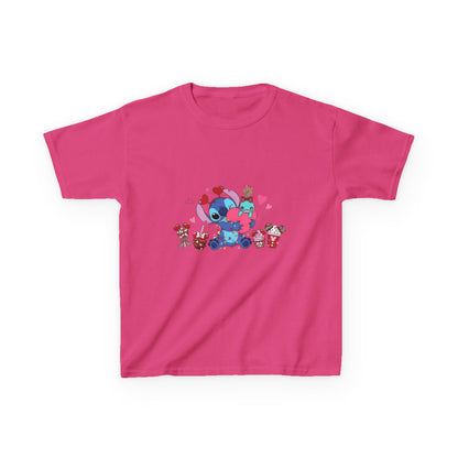 Stitch- Kids Valentine Alien Tee — Cute Blue Alien Hugging Pink Heart Plushie
