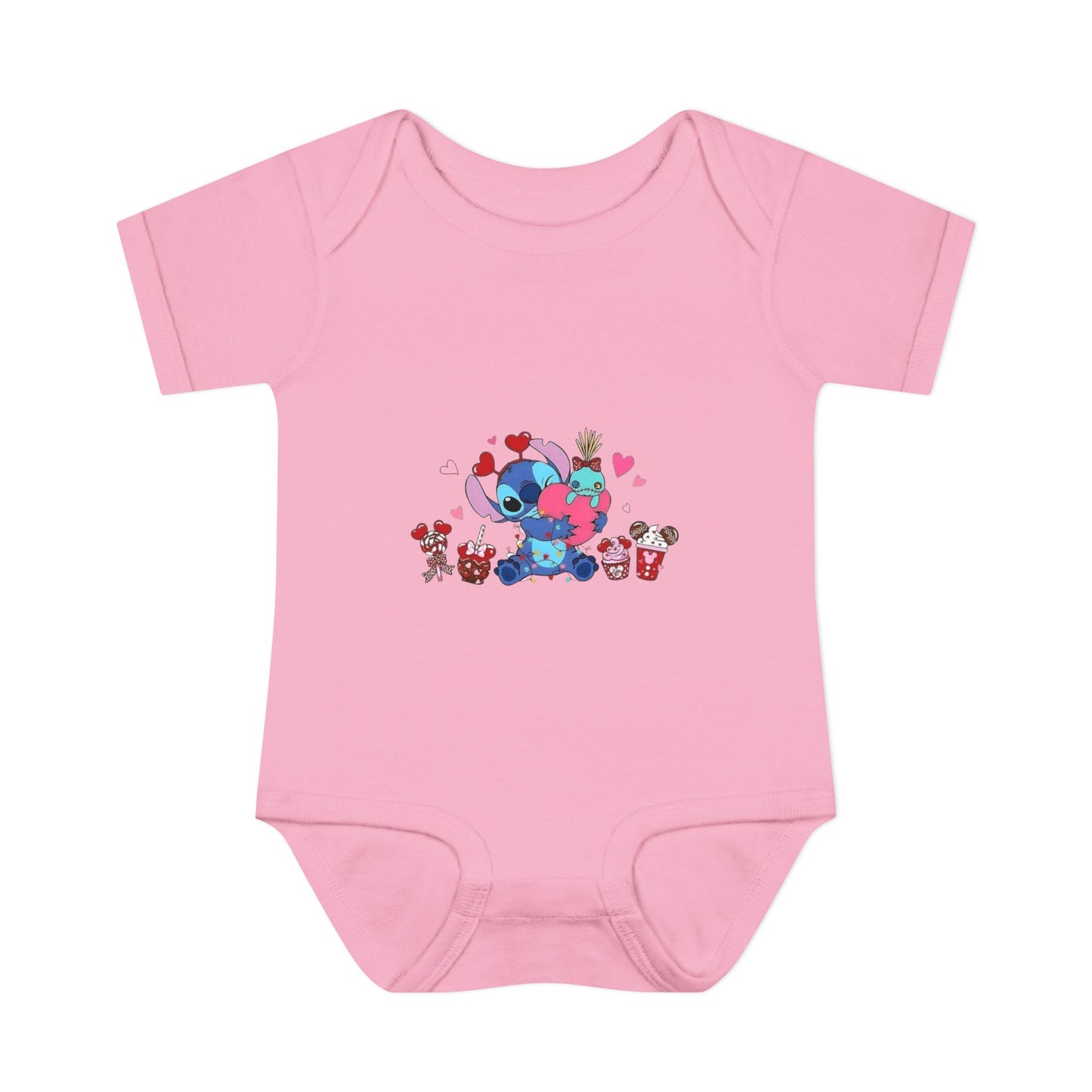 Stitch Valentine Baby Bodysuit — Cute Disney-Inspired Infant Onesie with Hearts & Treats