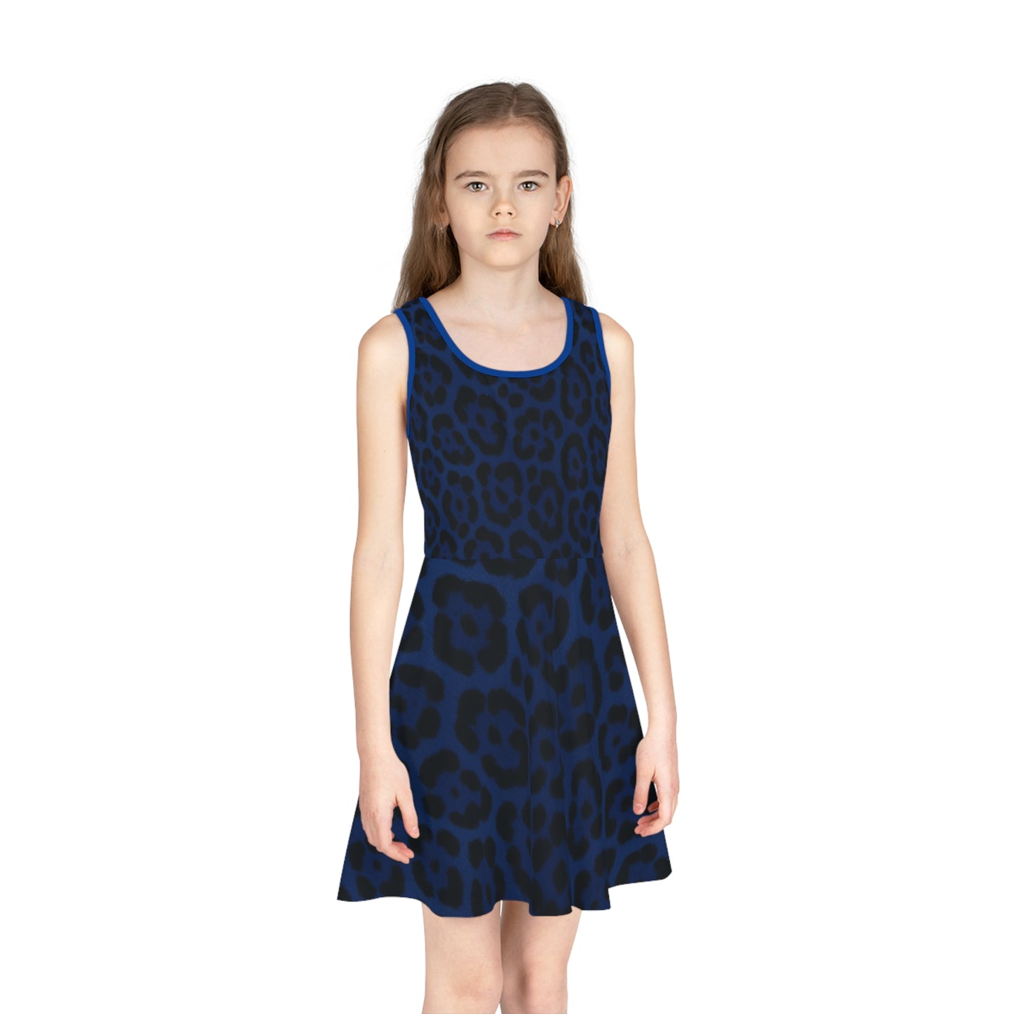 Blue Leopard Print Girls' Sundress, Cute Summer Dress for Girls, Fashionable Birthday Outfit, Party Dress, Playwear