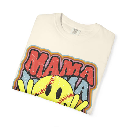 Mama Softball Smile T-Shirt — Retro Peace Sign Softball Mom Tee