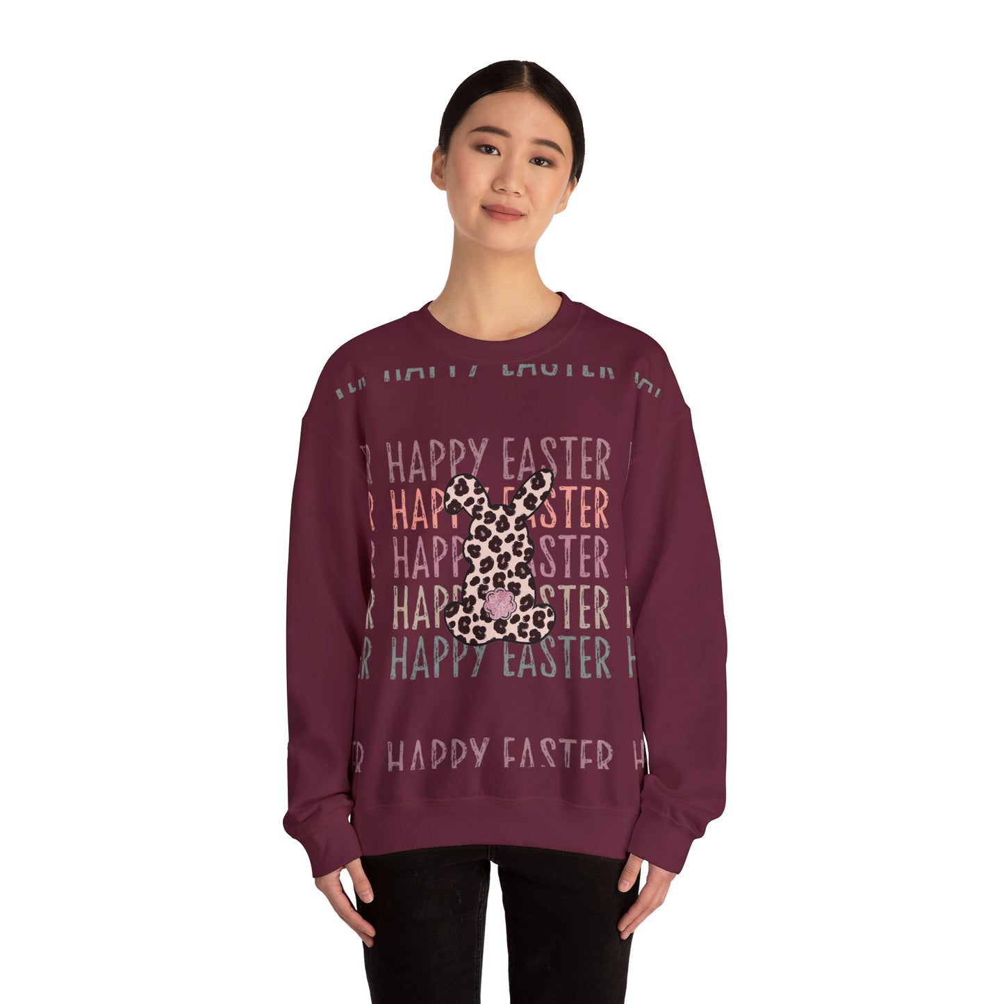 Easter Leopard Bunny Sweatshirt — "Happy Easter" Pastel Graphic Crewneck