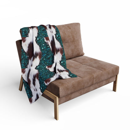 Fleece Blanket — Teal Glitter & Cowhide Pattern Cozy Throw