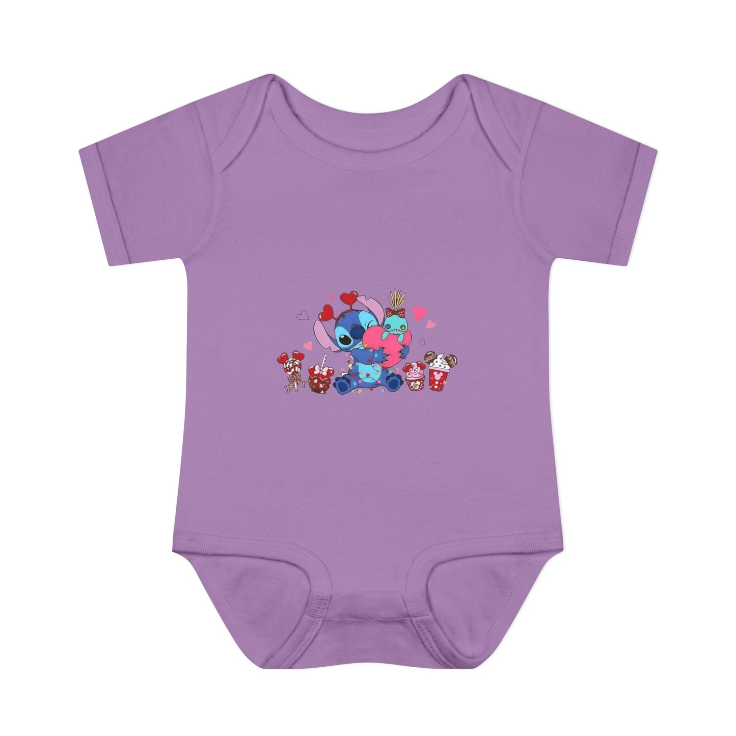 Stitch Valentine Baby Bodysuit — Cute Disney-Inspired Infant Onesie with Hearts & Treats