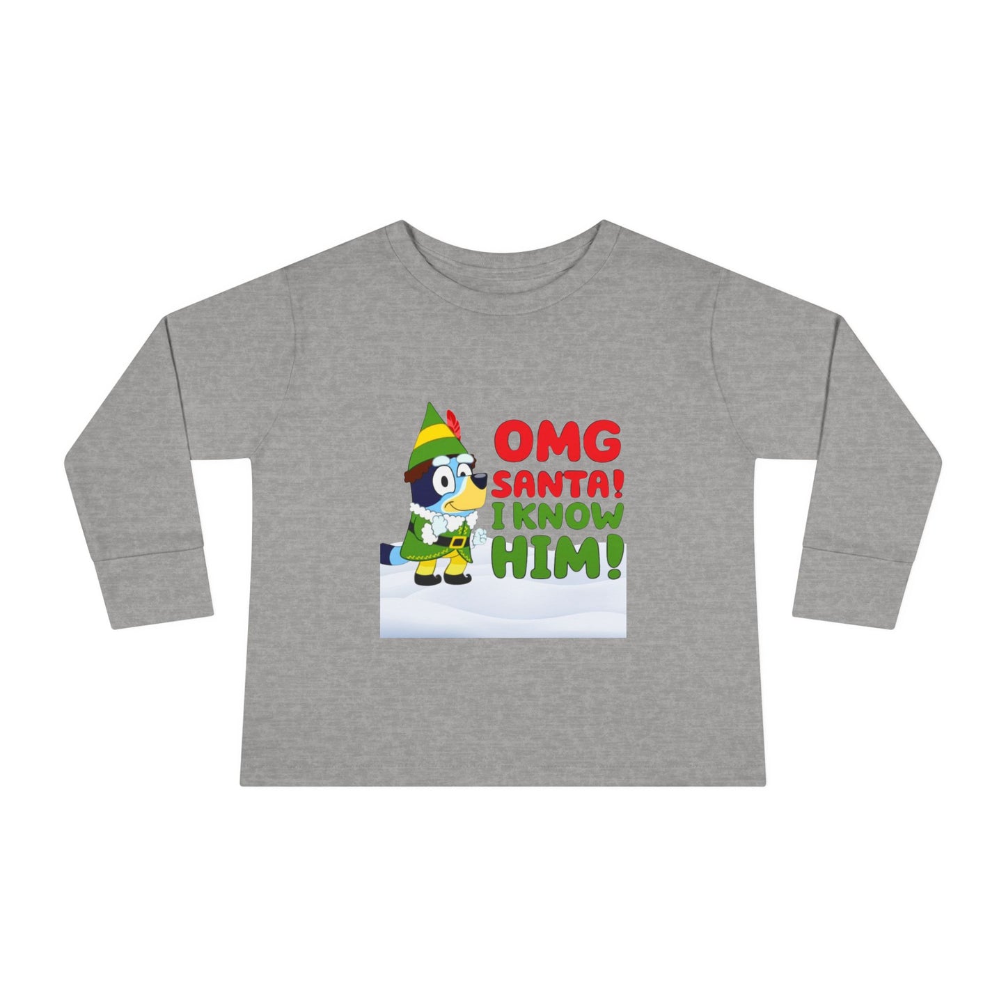 BLUE-Y Toddler Long Sleeve Tee — "OMG Santa! I Know Him!" DOG Christmas Shirt