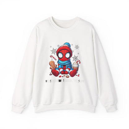 Holiday Spider Crewneck Sweatshirt — Cute Spidey in Winter Hat with Gingerbread & Cocoa