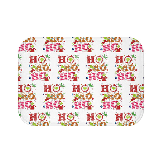 White- Grinch Holiday-Themed Bath Mat with Cheerful 'Ho Ho Ho' Design,