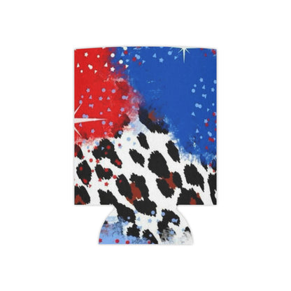 Patriotic Leopard Can Cooler – Red White Blue Abstract Drink Koozie