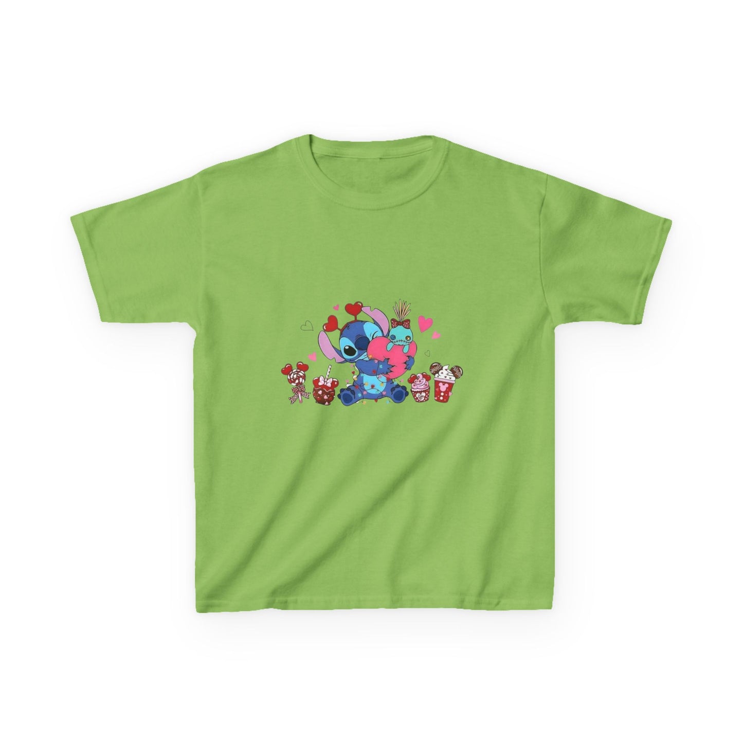 Stitch- Kids Valentine Alien Tee — Cute Blue Alien Hugging Pink Heart Plushie