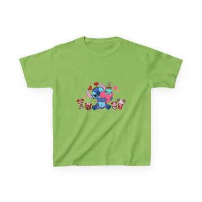 Stitch- Kids Valentine Alien Tee — Cute Blue Alien Hugging Pink Heart Plushie