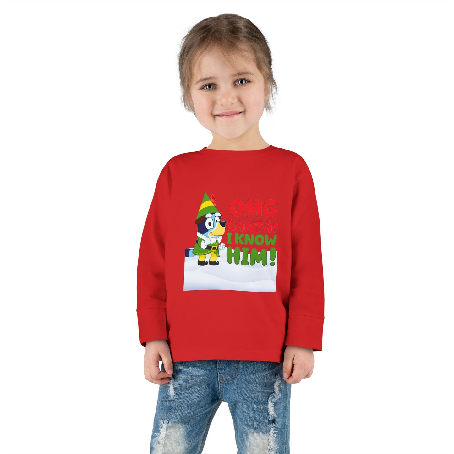 BLUE-Y Toddler Long Sleeve Tee — "OMG Santa! I Know Him!" DOG Christmas Shirt